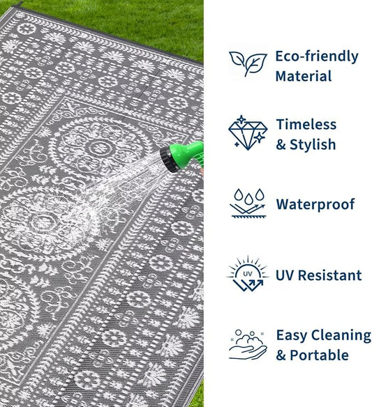 Garvee Reversible Outdoor Rug 9x12 for Patio, Waterproof Outdoor Area Rug, Modern Medallion Indoor Outdoor Rugs, Plastic Straw Rug for RV, Camping, Deck, Vintage Grey