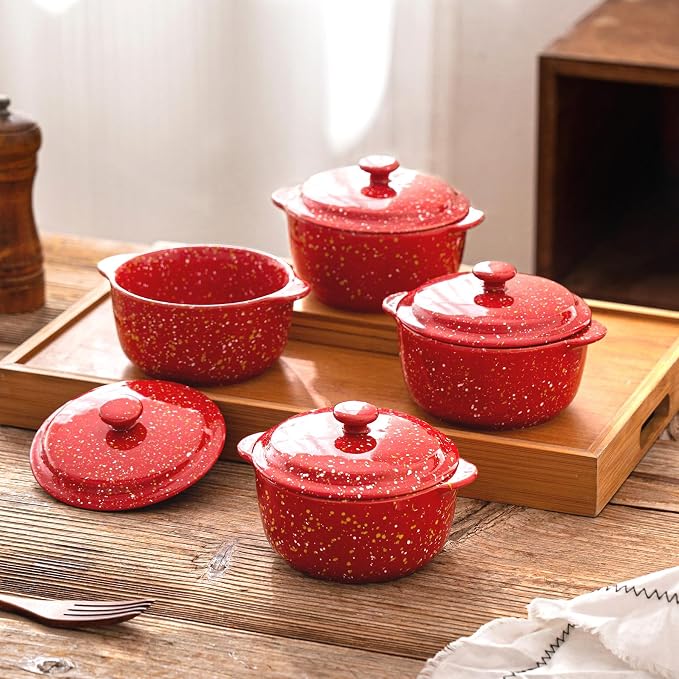 4-Pack 10 Oz Ceramic Mini Cocotte Set with Lids & Handles, Oven-Safe Stoneware Ramekins for Soufflé, Soup, Cobbler, Individual Baking & Serving,Red
