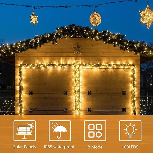 Solar String Lights for Outside, 39Ft 100 LED Solar String Lights Outdoor with 8 Modes ,Solar Christmas Lights Outdoor Waterproof for Yard, Fence,Balcony, Party,Christmas Tree Decorations (Warm White)