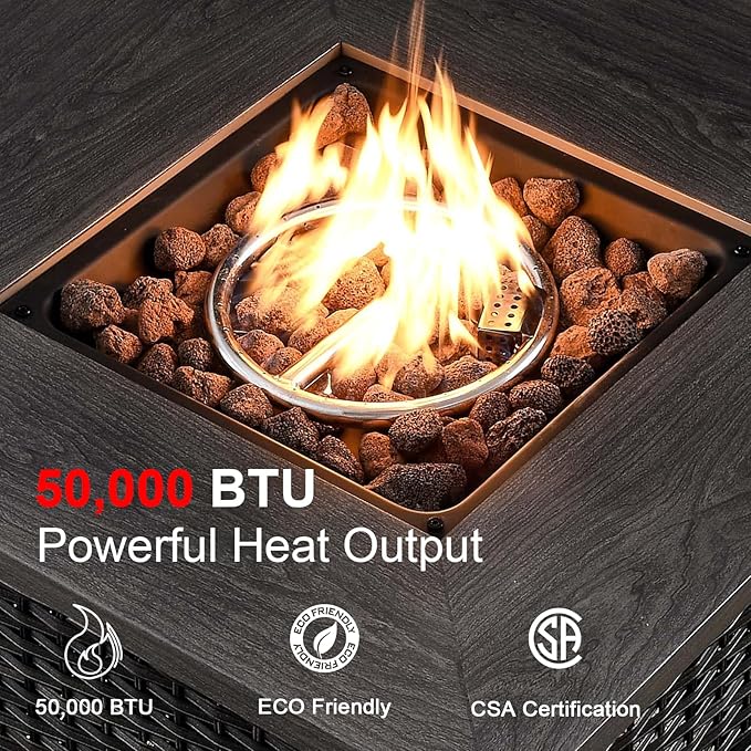 HUMMUH 7 Piece Patio Furniture with Fire Pit 30in 55,000 BTU,PE Wicker Outdoor Conversation Sets - Couch,Patio Chairs and Ottomans,Side Table for Porch,Garden,Backyard