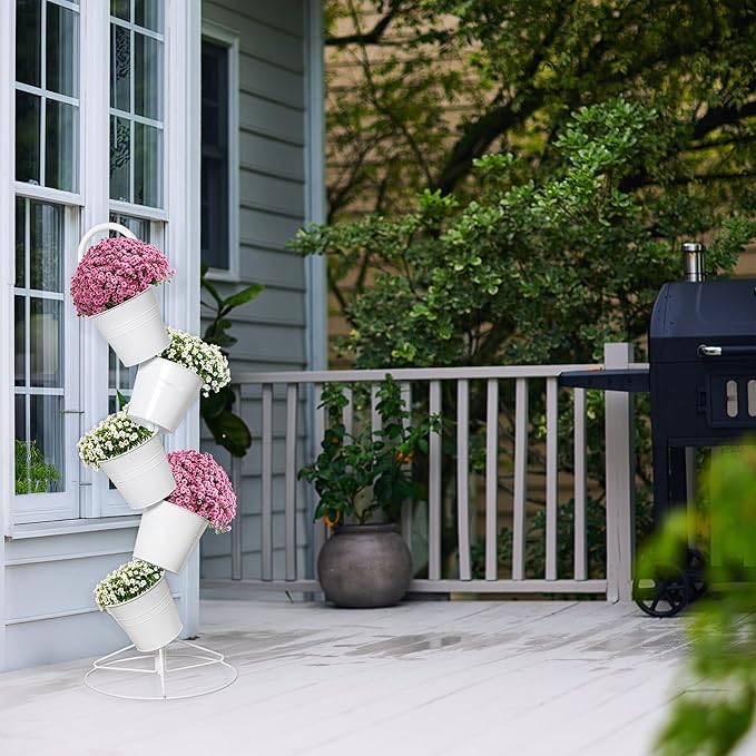 Hanging Flower Pot Tiered Stand (White), Metal Outdoor Stacking Planter