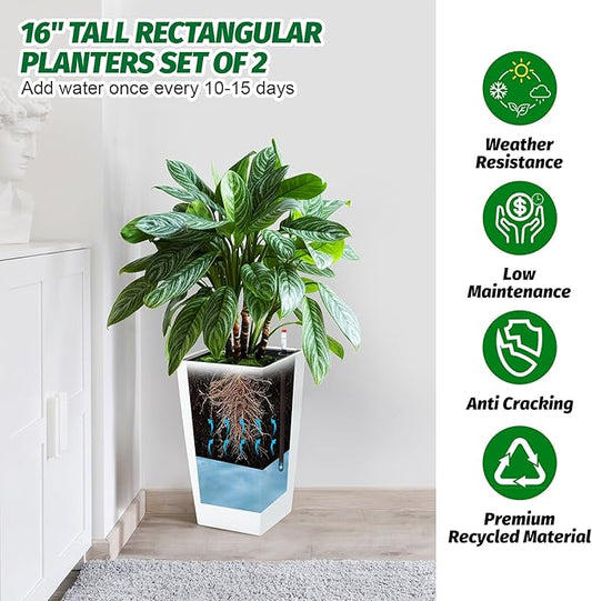 Garvee 16" Tall Planters Set of 4, Outdoor&Indoor Black Planter Pots, High Front Porch Planter Pots with Drainage Holes&Water Level Monitor&Inner Bucket, White