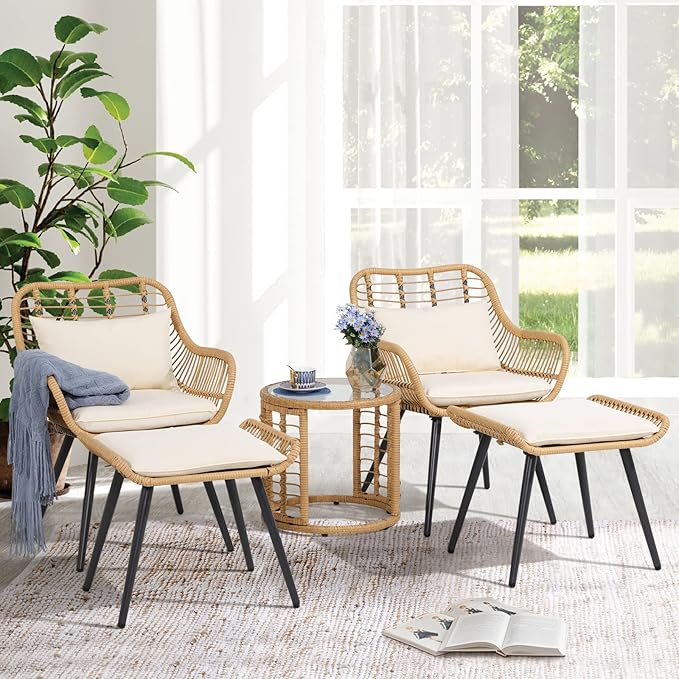 JOIVI 5 Piece Wicker Patio Furniture Set, Rattan Outdoor Bistro Set with 2 Ottomans and Coffee Side Table, Small Patio Conversation Set for Balcony, Front Porch, Garden, Backyard, Creamy White