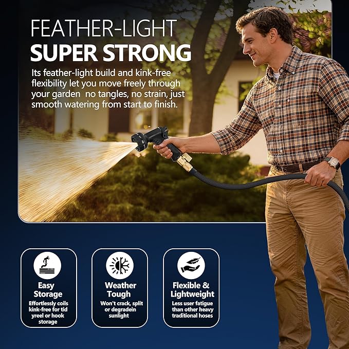 Flexible Garden Hose 50 FT, Ultra Lightweight Water Hoses 50FT w/10 Function Sprayer and 3/4" Brass Fittings, Kink-Free, Sturdy, Abrasion Resistant for Yard, Lawn, Outdoor and Gardening(Black)
