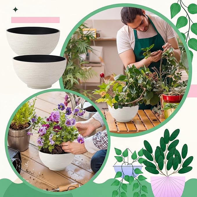 2 Pcs 13.8 Inch Lotus Bowl Planter Large Water Lily Pots Succulent Hydroponic Bowl Pot Flower Planting Pot for Outdoor Indoor Plant Mini Fish Pond No Drainage Hole(Quartz White)