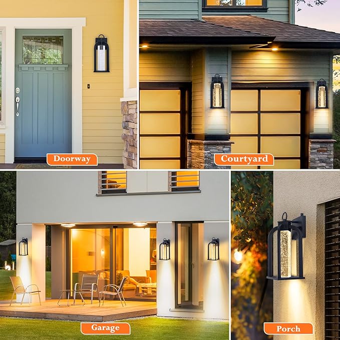 Dusk to Dawn LED Outdoor Wall Light, 14" Black Wall Lantern with Crystal Bubble Glass, Exterior Light Fixture with Photocell Sensor, IP65 Waterproof Anti Rust Outdoor Lighting for House, Garage, Porch