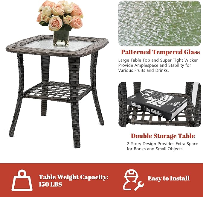 5 Piece Outdoor Patio Furniture Set,Wicker Patio Conversation Set with Swivel Glider Chairs,Wicker Rocking Swivel Chairs Set with Ottomans/Side Coffee Table for Backyard,Deck,Balcony,Red