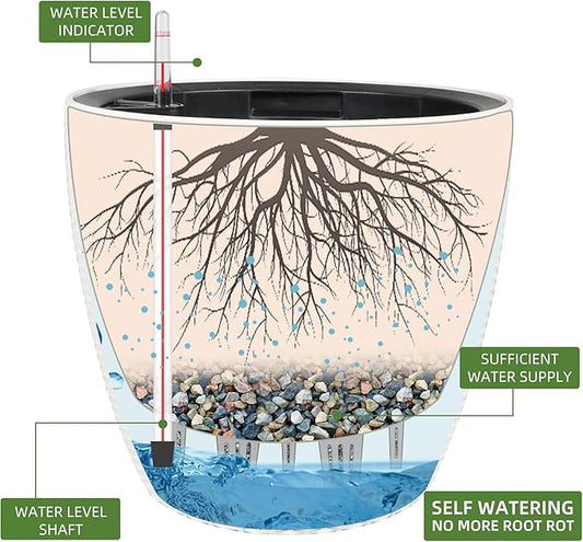 Dexceder 15x14 Rattan Self Watering Planter with Wheels Indoor Outdoor, Inner Pot Design, Thickened Large Floor Standing Flower Plant Pot with Water Level Indicator (Ivory White)