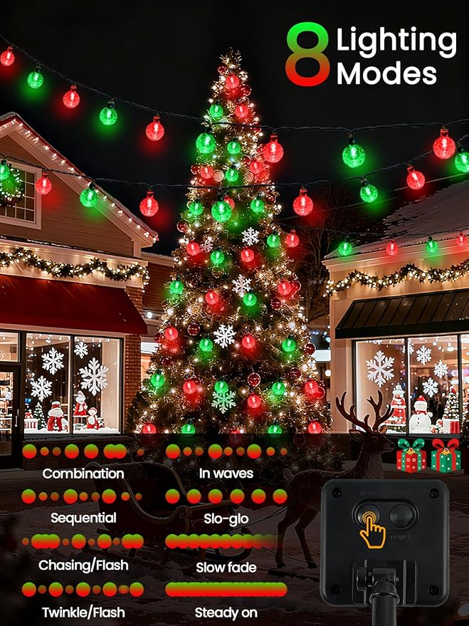 2-Pack 100 LED Red and Green Solar Christmas Lights Outdoor - 64FT Crystal Globe Waterproof Solar String Lights with 8 Lighting Modes for Christmas Decorations, Garden, Patio, Party, Porch