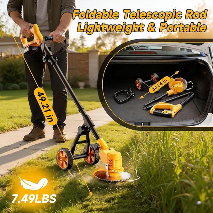 Electric Weed Wacker Cordless with Wheels,Electric Weed Eater Battery Powered 4000mAh,4 in 1 Grass Trimmer/Brush Cutter/Grass Edger/Small Lawn Mower,No String Trimmer with Blade, 2 Battery (Yellow)