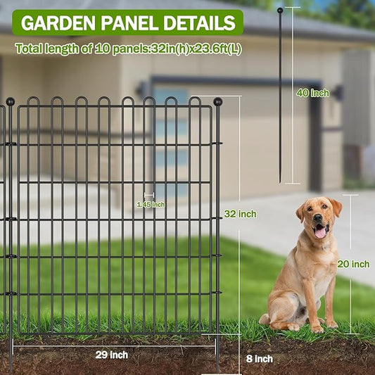 10 Panels No Dig Decorative Garden Fence for Yard, 32 in(H) X 23.6 ft(L) Animal Barrier Fencing for Outdoor Dog, Metal Portable Garden Fences for Borders, Pets, Landscape, Temporary Fence