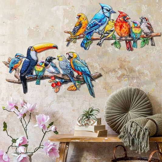 2Pcs Metal Bird Outdoor Wall Art Decor, Hummingbird Wall Silhouette Art, Bird on Branch Wall Sculpture Hanging Indoor Outdoor for Yard Garden and Patio (Birds D)