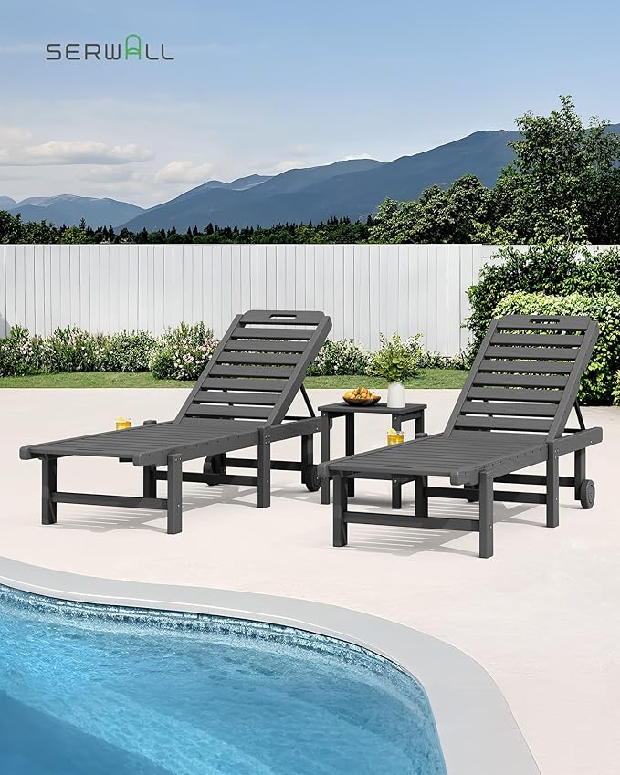 SERWALL Patio Chaise Lounge, HDPE Outdoor Lounge Chair with Cup Holder, 5 Positions Adjustable Poly Lounge Chair with Rolling Wheels for Poolside, Deck, Sunbathing, Grey