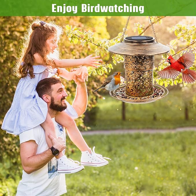 DY-SKTY Metal Bird Feeder for Outdoor Hanging, Large Capacity Solar light Wild Bird Feeder with Drainage Holes,Landing Ring, Solar Lanterns for Garden Decoration, Unique Bird Watching Gift for Outside