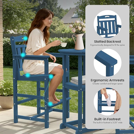 Ciokea Balcony Chairs and Table 3 Pieces Set, Outdoor High Top Bar Set, HDPE Oversized Adirondack Bar Chairs Set of 2 and Round Table for Outside Dining Bistro Poolside Backyard, Navy Blue