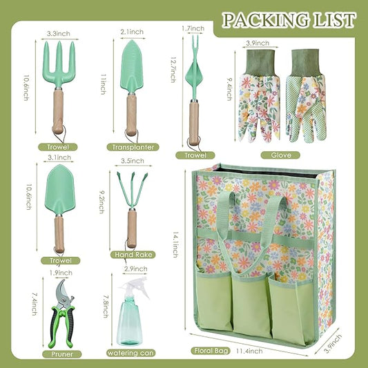 Gardening Tools 9-Piece Heavy Duty Gardening Hand Tools Set (Green), Stainless Steels and Reinforced Garden Supplies Kit, Durable Garden Tools Organizer Handbag, Ideal Garden Gifts for Women