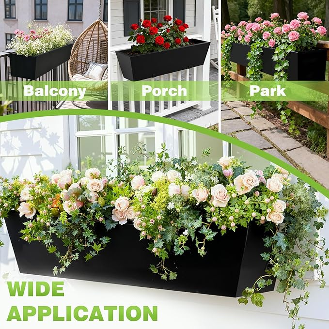 2PC Railing Planter for Outdoor Plants 36 Inch Metal Hanging Planters Pots with Adjustable Brackets and Drainage Railing Planter Boxes Hanging Flower Pots for Balcony Deck Railings Apartment Patio Dec
