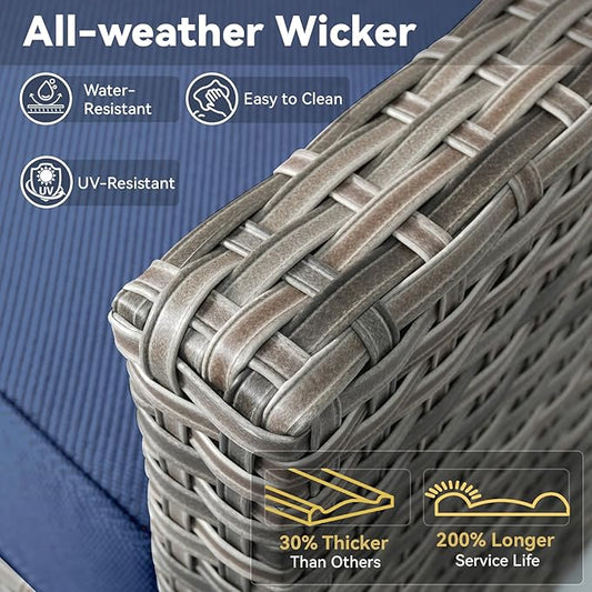 3 Pieces Patio Furniture Sets-Outdoor PE Rattan Wicker Chairs with Thickened Cushion and Glass Coffee Table,All Weather Patio Conversation Set for Garden Backyard Porch Deck Grey/Blue