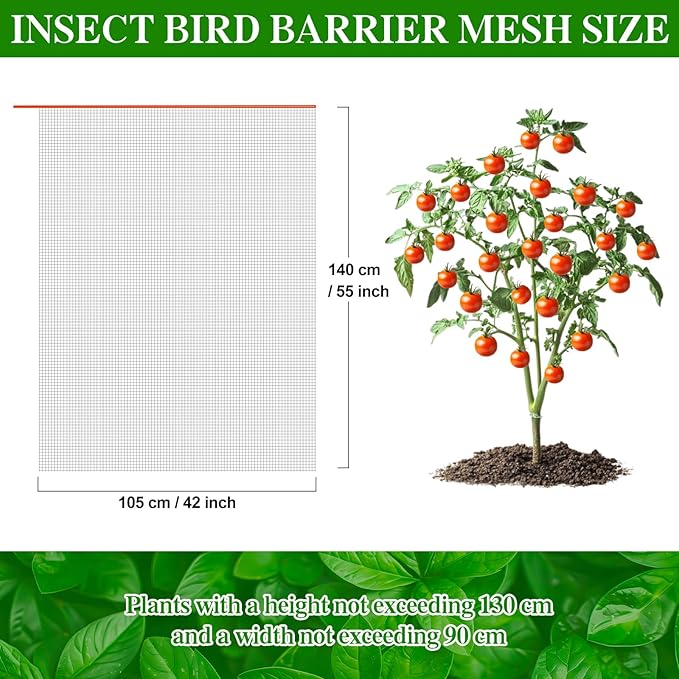4Pcs Bird Netting for Garden Protection, Garden Netting Pest Barrier with Drawstring, Mosquito Net Tomato Protective Cover, Garden Plant Netting for Cicadas Vegetables Blueberry 4.6 x 3.5 FT