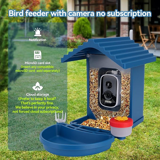 Bird Feeder with Camera Solar Powered,2.5K HD Video Bird House Live View,Smart AI Bird Species Identification for Outside Garden,Birds Bath,Ideal Gift for Birds Lover,Hummingbird (Blue)