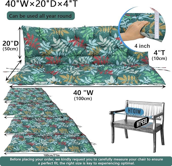 Outdoor Swing Cushions 3 Seater Waterproof, Replacement Bench Cushions for Outdoor Patio Furniture with Backrest, Porch Swing Cushion with Ties for Lawn and Garden (Green Flowers, 40x40in)