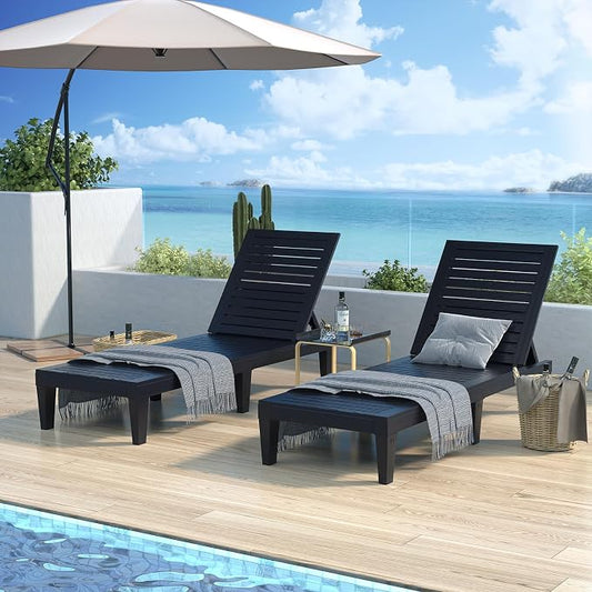 Outdoor Lounge Chairs Set of 2 for Poolside Patio, Weather-Resistant Pool Chaise Lounge with Adjustable Backrest, Resin Tanning Chair Sun Lounger for Outside Deck, Beach, Sunbathing, Black