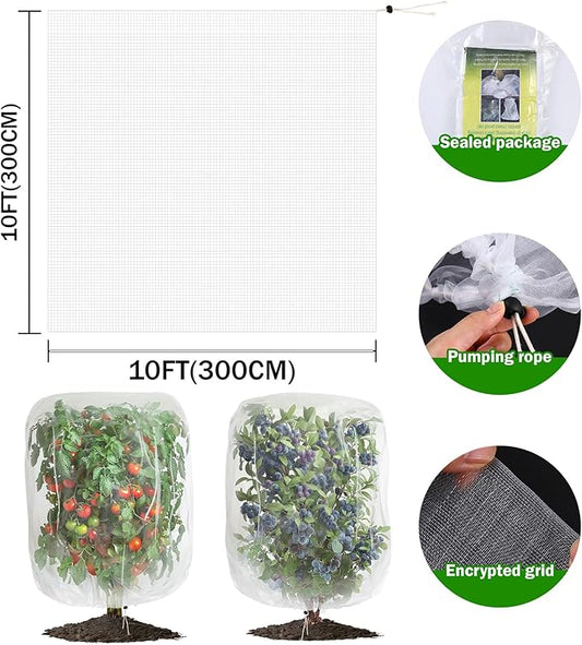 2 PCS Large Fruits Tree Netting Cover for Garden 10 x 10 ft Garden Insect Bird Barrier Plant Netting for Tomato Blueberry Bush Netting Covers Deer Cicada Netting Cover Bag with Drawstring