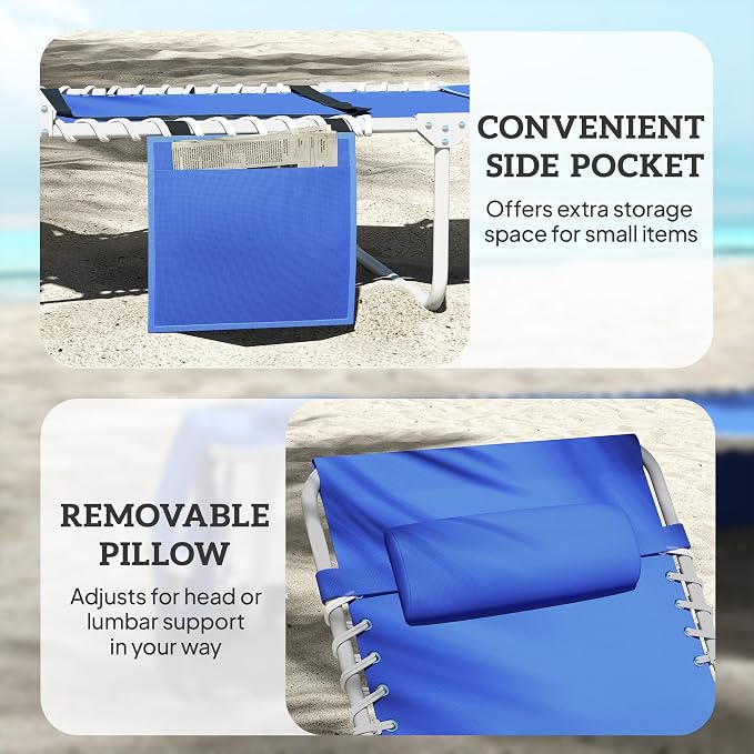 Outsunny Tanning Chair Set of 2 with Face Hole, Side Table, 5-Position Reclining Folding Chaise Lounge Chair Outdoor Lounger Recliner, Carry Straps for Beach Pool Camp, Breathable Mesh, Navy Blue