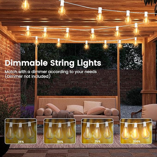 Outdoor String Lights, LED String Lights for Outside with 27 Shatterproof Bulbs (2 Spare), 50FT Porch White Hanging String Light for Balcony, Pergola, Gazebo, Patio Decor,White Cord