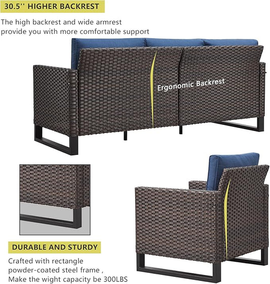 HUMMUH 10 Piece Patio Furniture Set PE Wicker 3 Outdoor Sectional Sofa Set with Patio Swivel Chairs Dinning Table Ottomans for Porch,Garden,Backyard,Deck(Brown/Blue)