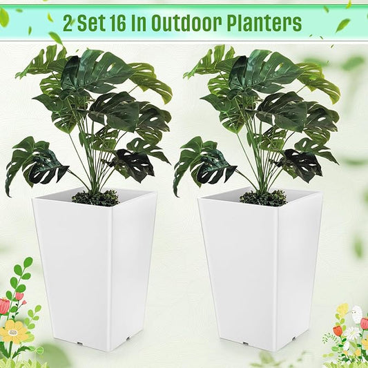 Briwooody Set of 2 15.75 Inch Large Taper Planters Outdoor Indoor Tall Resin Flower Pots with Drainage Holes Modern for Front Door Patio Backyard Plants(White)
