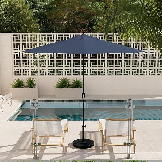 California Umbrella 9' Rd Aluminum Patio Umbrella, Crank Lift, Auto Tilt, Black Finish, 4yr Fade Warranty, Sapphire