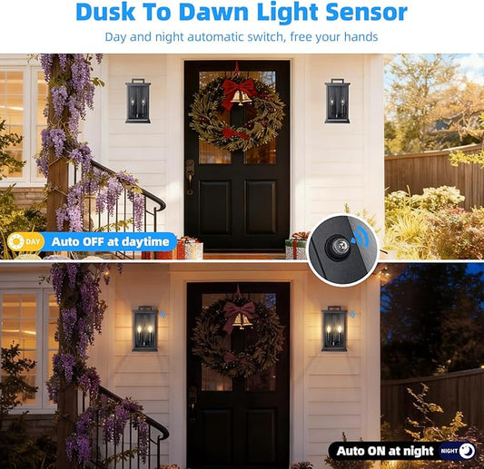 Dusk to Dawn Black Outdoor Light Fixture Wall Mount,Medium Patio Wall Light Fixture,Modern Front Porch Light,Outdoor Exterior Wall Lantern Sconce for House,Garage,Hallway,Waterproof,2 Packs