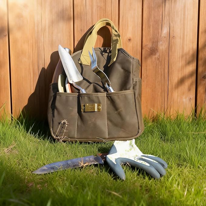Tourbon Waxed Canvas Garden Tool Bag Gardening Tools Storage Tote with 5 Interior and 6 Exterior Pockets Multi-Functional Organizer for Gardener Florist Workshop