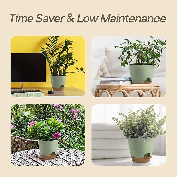 Green Self Watering Pots 20 Pack, Indoor and Outdoor Plant Pots with Wick Rope & Drainage Holes, Easy Watering Lip, Lightweight Plastic Self Watering Planter for Succulents, Houseplants, and Herbs