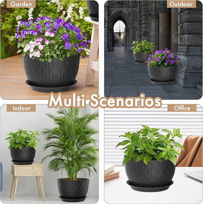 WSMKSZ 12 Inch Large Plant Pots for Indoor or Outdoor Plants, Wide Water Ripples Flower Pots with Drainage Holes & Saucer, Plastic Planters Set for Garden & Home Decor (Black)
