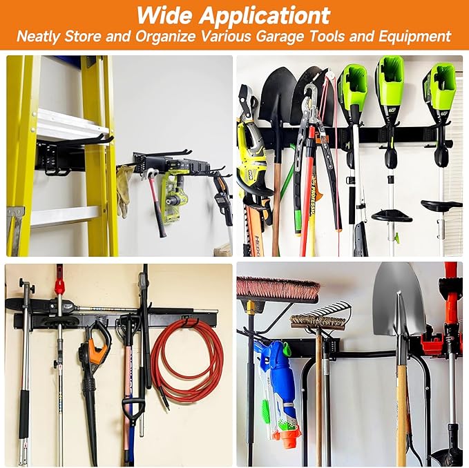 Garage Tool Organizer Wall Mount, Heavy Duty 48 Inches Garage Organization and Storage Racks for Yard Tools with 6 Hooks, Tool Hangers Holders for Hanging Folding Chair, Rake and Shovel