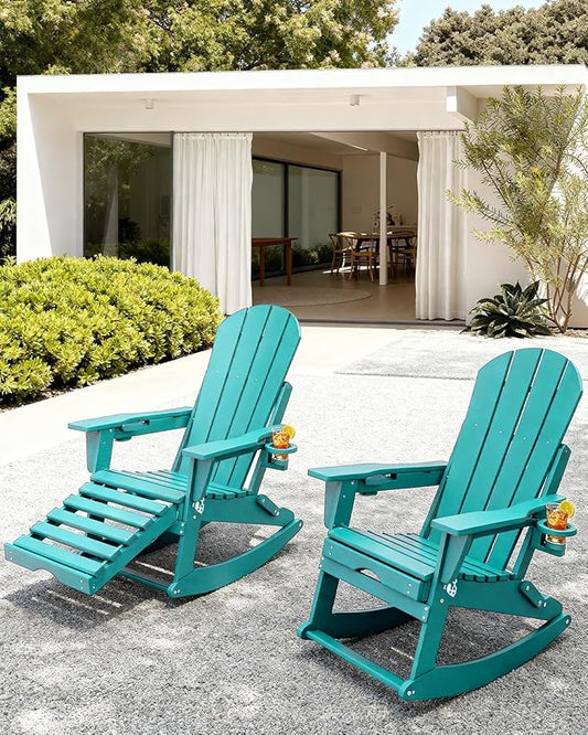 Adirondack Rocking Chair with Retractable Ottoman, All Weather Folding Adirondack Chair with Two Cup Holders, Adirondack Outdoor Rocking Chairs for Porch, Patio, Balcony. Lake Blue
