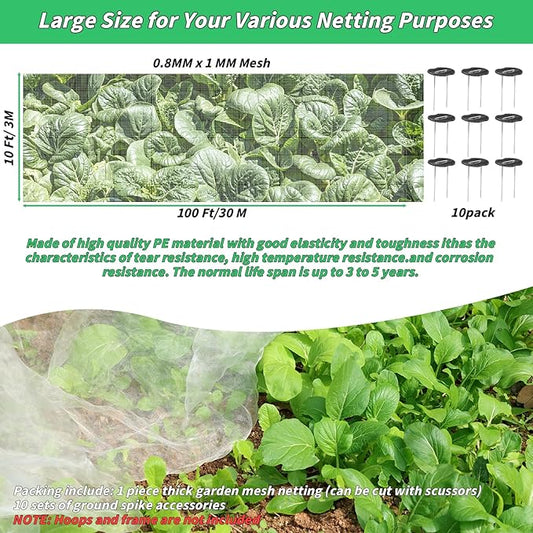 Garden Netting Plant Covers 10x100 Ft Net Ultra Fine Mesh Protection Netting for Vegetable Plants Fruits Flowers Crops Greenhouse Row Cover Raised Bed Barrier Mosquito Net Screen Protection Net Cover