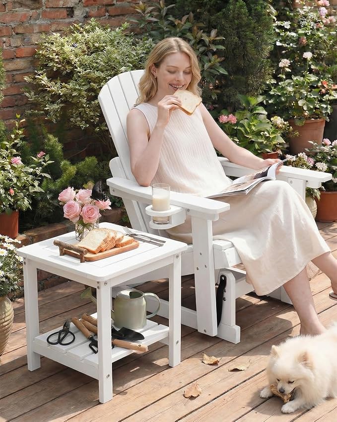 Kibaso-Adirondack Outdoor Side Table, 2-Tier HDPE Outdoor End Table, Weather Resistant Easy Maintenance, Small Patio Side Table for Patio, Pool, Porch, Garden, Lawn, and Living Room (1, White)