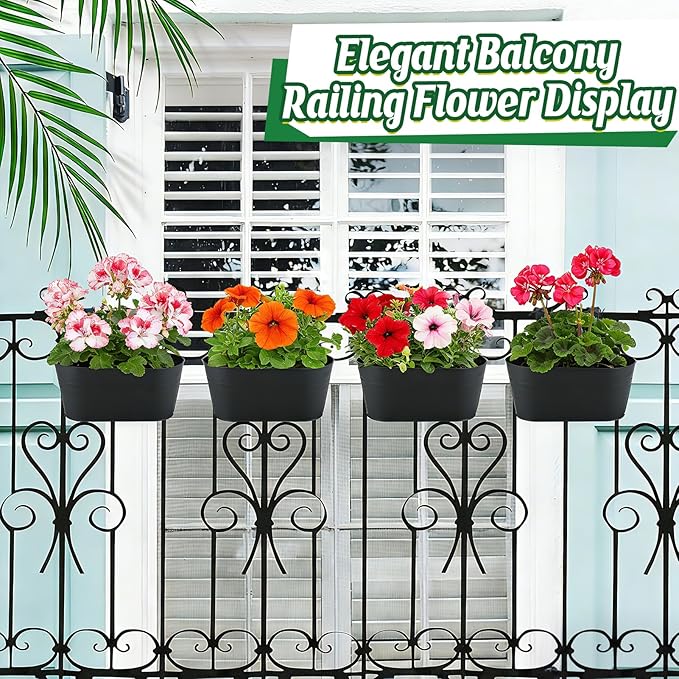 MADHOLLY Railing Planter with Drainage Holes - Sturdy Bucket Pots for Railing Fence, Countryside Style Metal Flower Pots for Herbs Balcony Garden Yard Decor, 4Pcs, Black