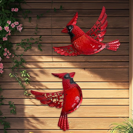 HONGLAND Metal Cardinal Wall Art 12inch Metal Birds Wall Sculpture Garden Decoration Outdoor Statue Patio Fence Hanging Plaques 2 Pack
