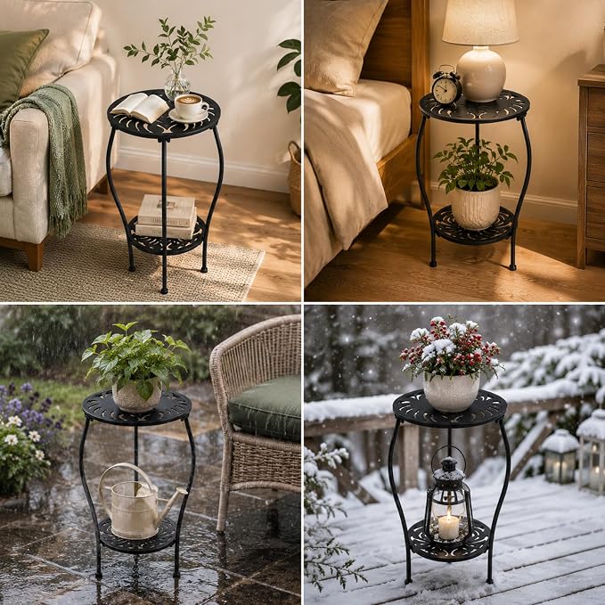 Party Zealot Two-Tiered 12 Inch Metal Round Side Tables Small Black Outside End Table for Patio Round Accent Garden Corner Stand for Small Spaces Weather-Resistant Outdoor Coffee Table for Balcony