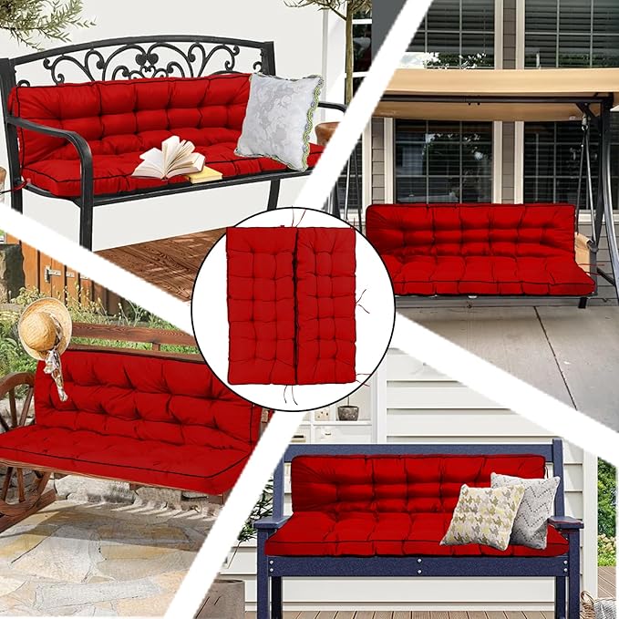 Porch Swing Cushion Three Seat, Waterproof Swing Cushions Replacement with Backrest, Outdoor Garden Furniture Patio 4" Thickened Cushions with Ties (Red, 40 x 55in)