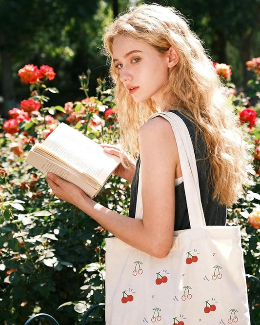 Canvas Tote Bag with Aesthetic Prints, Cute Tote Bag for Women Girls with Wide Strap, Gifts for Cat Book Lovers