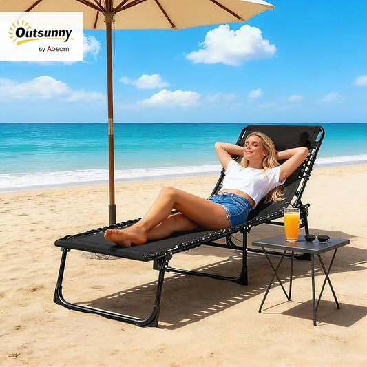 Outsunny Folding Chaise Lounge Chair Outdoor Mesh Seat Black | Foldable, Sun Tanning Chair, Chaise Lounger, 4-Position Reclining Back, for Outside Patio Beach Poolside Backyard