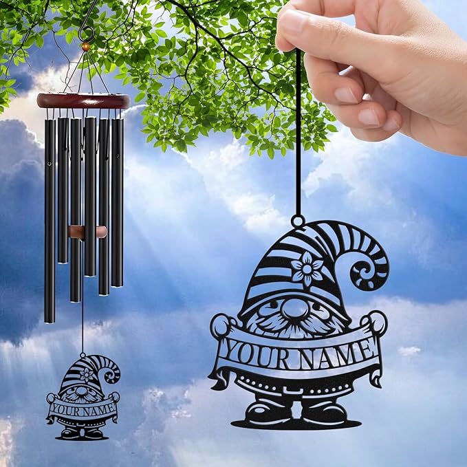 Personalized Customize Name Gnome Wind Chime, Metal Iron 37 Inch Outdoor Memorial Gift for Garden Yard Patio Home Decor, Black,Christmas (Style I)