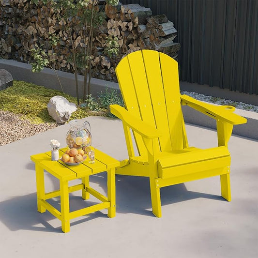 Folding Adirondack Chair with Cup Holders Set of 2, HDPE Plastic Outdoor Chairs, Weather Resistant, Real Wood Look for Patio, Deck, Fire Pit, Backyard, Yellow