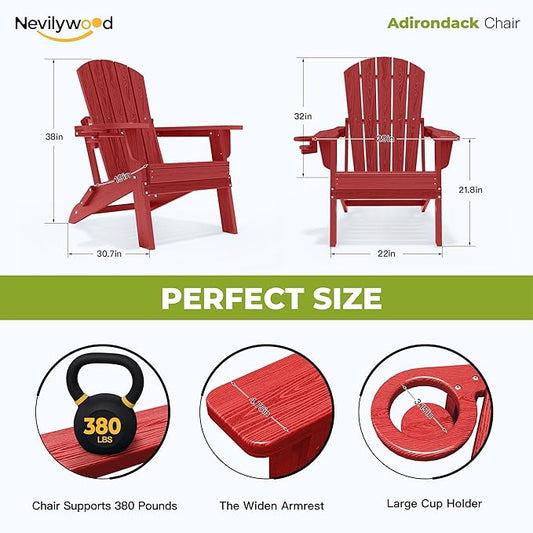 nevilywood Folding Adirondack Chair with Cup Holder Set of 2,HDPE All-Weather Patio Chairs,Plastic Outdoor Chairs- Looks Exactly Like Real Wood- Red
