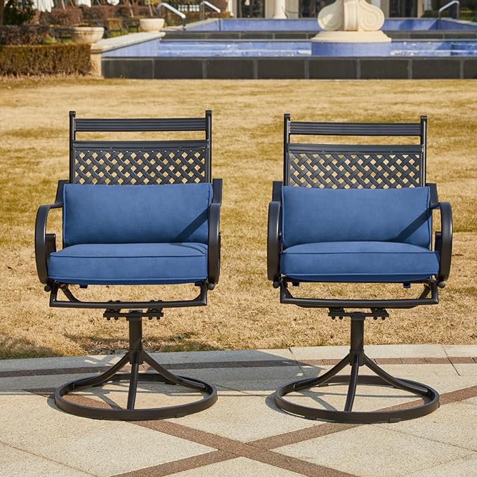 MELLCOM Patio Swivel Chair Set of 6, Heavy Duty Outdoor Dining Chairs with Cushions and Lumbar Pillows, Metal Patio Chairs Gentle Rocker for Outside, Garden Lawn & Porch, Backyard, Blue